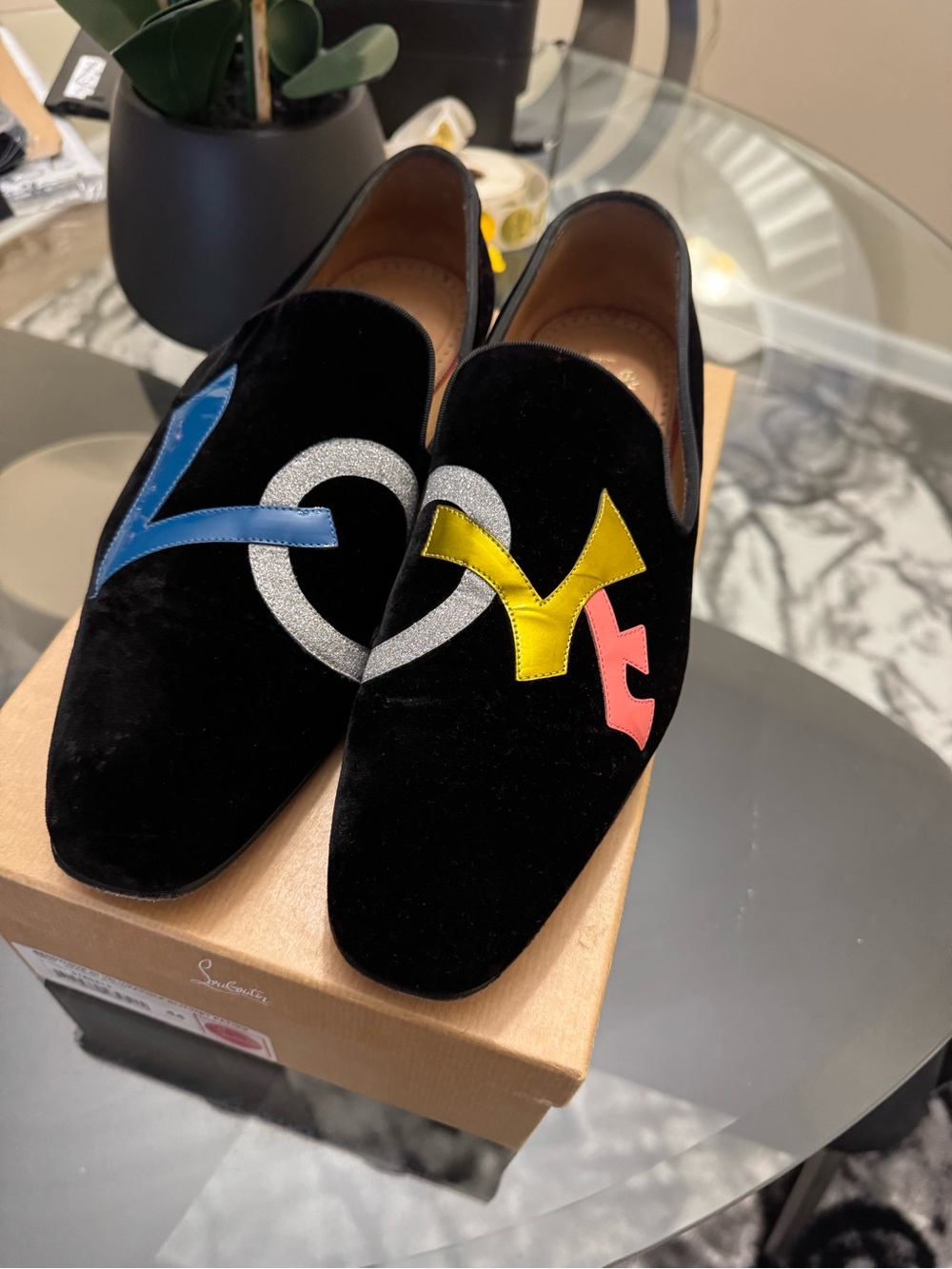 Christian Louboutin Black Velvet Loafers with Multicolor Appliqué